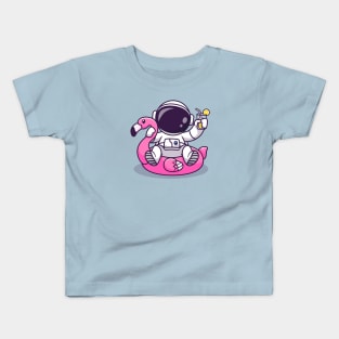 Cute Astronaut On Flamingo Swimming Tires And Orange Juice Cartoon Kids T-Shirt